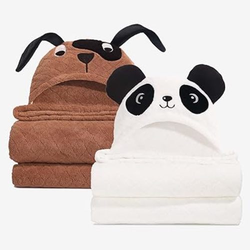 Toddler Hooded Bath Towel Age 1-5,2-Pack Thick Absorbent Bath Towel Boys & Girls, 50"x32"Large Size Ultra Soft with Hood Panda Puppy,Baby Bath Essential for Infant and Children, Brown & White