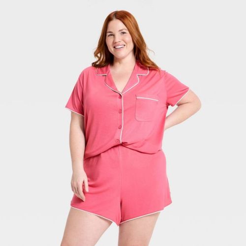 Women's Short Sleeve Notch Collar Shirt and Shorts Pajama Set - Auden™ Pink 2X