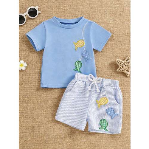 Boys Fish Embroidery T-Shirt and Elastic Waist Shorts