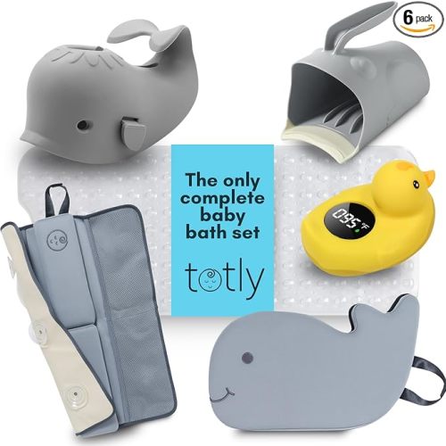 6pcs Bath Kneeler and Elbow Rest pad Set - Complete Bathtime Kit with 2 Cushions, Rinse Cup, Spout Cover, Thermometer & Non-Slip Mat
