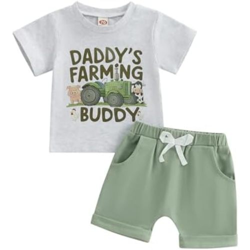 Toddler Baby Boy Clothes Summer Short Sleeve Trucks Tractors Print T-Shirt Tops Solid Color Shorts Set Casual Outfit