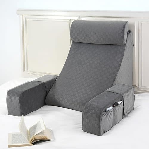 Vekkia Reading Pillow for Sitting in Bed Adult,Back Pillow for Sitting Up,Backrest Support Pillow with Arm Rest,Bed Chair Pillow with Big Pockets for Gaming,Watching TV in Floor,21n(Grey)