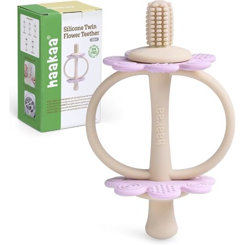 haakaa Silicone Twin Flower Teether,Nipple-Shaped End for Gum Massage,360° Baby Toothbrush Head for Self-Brushing Training,Easy to Grip - Lavender