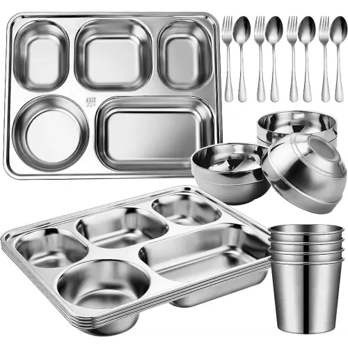 20 Pcs Stainless Steel Dinnerware Set, Including Stainless Steel Rectangular Divided Dinner Tray Spoons and Forks Set Silver Stainless Steel Cups and Stainless Steel Bowl for Home Kitchen Restaurant