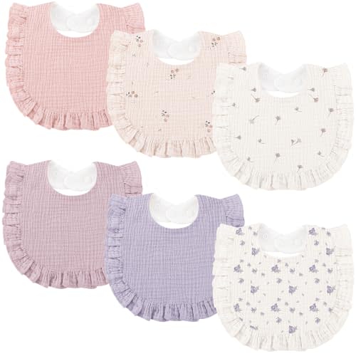 Bearmoss 6 Pack Baby Girl Bibs for Newborn, Muslin Bibs with Ruffle Trim | Soft Absorbent Bandana Bibs for Drooling and Teething, Essentials for Newborns