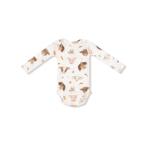 Ribbed Long Sleeve Bodysuit, Vintage Baby Farm Animals
