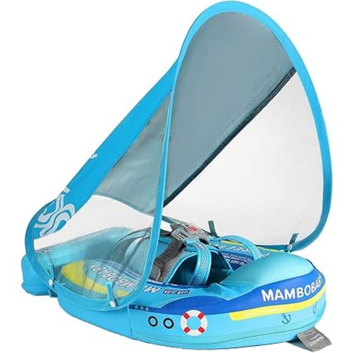 Mambobaby Float with Canopy Size Improved Non Inflatable Infant Pool Float Smart Mambo Float Swim Trainer Add Tail Baby Swim Float Mambo Baby Float Solid Air Free Water Waist Swimming Ring