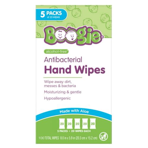 Boogie Antibacterial Hand Wipes - 100 Count - Hypoallergenic & Alcohol-Free - Travel and Diaper Bag Essential