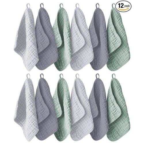 12 Pack Muslin Washcloths for Baby - 100% Cotton Baby Wash Cloths for or Baby Face Body Comfy and Soft for Newborn Infants Kids Girls and Boys - 12"x12" - Grey, Green and Slate