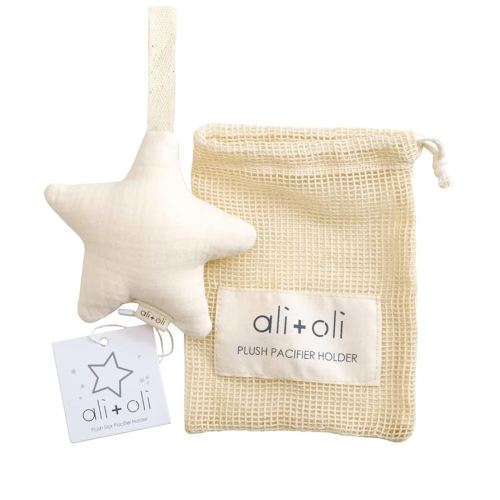 Ali+Oli Plush Muslin Cotton Pacifier Holder (Star-Ivory) Soft Binky Holder for Babies, Plush Holder for Pacifiers, Cute Baby Binkies Plush Holder, Pacifier Holder for Baby Boys & Girls