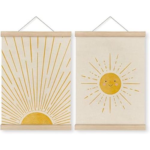 MAQIKA Boho Sunshine Poster Framed With Wood Hanger Set of 2, Sun Nursery Wall Decor, Smiling Sunshine Hanging Art, Bohemian Sunset Canvas for Kids Room 12x16 Inch