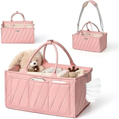 Diaper Caddy Organizer – Portable Storage Basket with Shoulder Strap & Stroller Hooks, Splashproof Quilted Nursery & Car Tote for Baby Girl Shower Gift, Baby Registry, Blush Pink