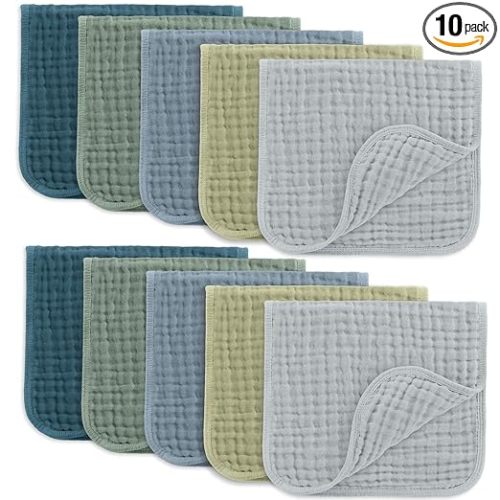 Comfy Cubs Muslin Burp Cloths 20" x 10", Pack of 10 - Large, 6-Layer, Ultra Absorbent 100% Cotton for Baby Drool and Messes - Soft, Safe & Gentle Baby Burp Cloths for Boys & Girls - Multi Boy