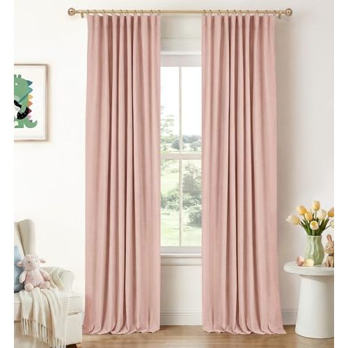 INOVADAY 100% Blackout Curtains for Bedroom, Black Out Curtains 84 Inch Long, Clip Rings Linen Blackout Drapes, Thermal Insulated Room Darkening for Living Room, 2 Panels - Blush Pink,W50xL84
