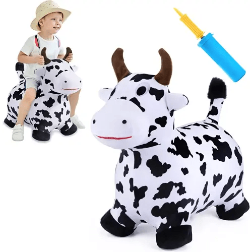 iPlay, iLearn Bouncy Pals Hopping Cow Horse, Toddler Girl Boy Inflatable Bouncing Animal Hopper Toy, Outdoor Indoor Plush Ride on Bouncer, Baby Birthday Gift 18 Month 2 3 4 Year Old Kid - Cow