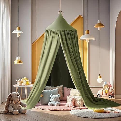 Cotton Kids Bed Canopy, Nursery Room Baby Crib Hanging Curtain Mosquito Net Hideaway Bedding Children Reading Nook Decoration, Pastel Neutral Color for Boys & Girls (Green)