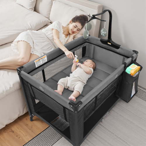 Vomeast Baby Playard with Bassinet,Portable Foldable Pack and Play with Toy Bar(Grey)