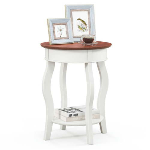 Barara King Dining Table,Side Table,Nightstand,2-Tier Round End Table with Storage Shelf and Solid Rubber Wood Legs-Walnut & White