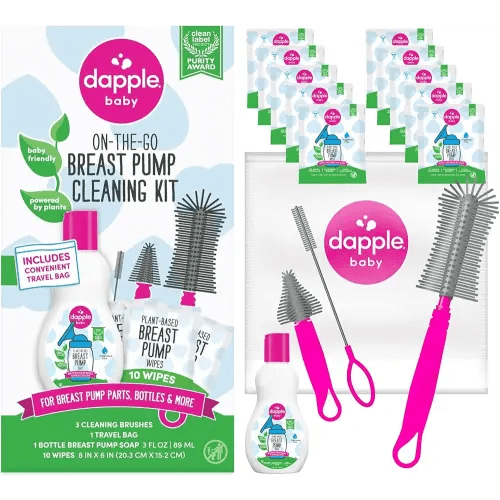 Dapple Breast Pump Cleaning Kit, 3 Baby Bottle Cleaning Brushes, Hypoallergenic & Powered by Plants, Removes Milk Residue, Leaves No Taste, 3oz Soap, 10ct Wipes 3 Cleaning Brushes