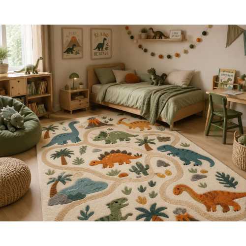 Hand Tufted Wool Dinosaur Rug, Kids Playroom Carpet, Educational Bedroom Decor