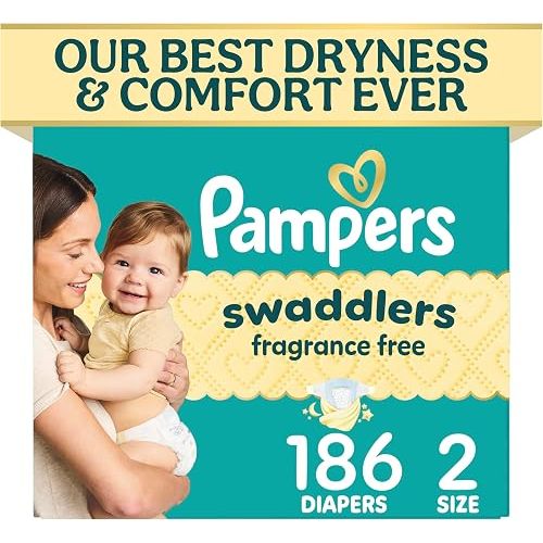 Pampers Swaddlers Diapers, Size 2 (10-22 lbs), 186 Count, Fragrance Free, Hypoallergenic, Absorbent, Pediatrician Recommended, Skin Safe