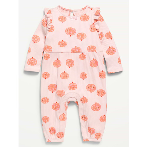 Printed Long-Sleeve Ruffle-Trim One-Piece for Baby