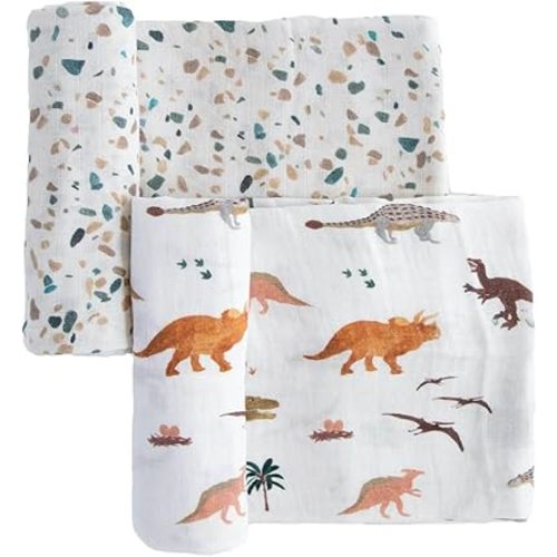 RED ROVR Organic Cotton Swaddle | Newborn Receiving Blanket | Baby Wrap | Boy, Girl, Unisex | Soft, Lightweight, Breathable | Burping, Nursing | 2-Pack | 44" x 44" | Dino Days