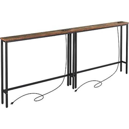 ELYKEN 2 Pack 5.9" Narrow Console Sofa Table with Power Outlets, 5.9" D x 39.4" W x 31.1" H Long Couch Table with Metal Frame and Charge Station with 6.5’ Extension Cord, Rustic Brown