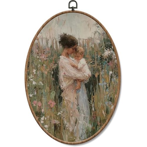 Yorhifa Vintage Cottagecore Motherhood Framed Wall Art, Cottagecore Nursery Oval Wall Art, Impressionist Oval Walls Decor, Cottage Core Wildflower Canvas Artwork Hanging Decor, 8.5x11.5in