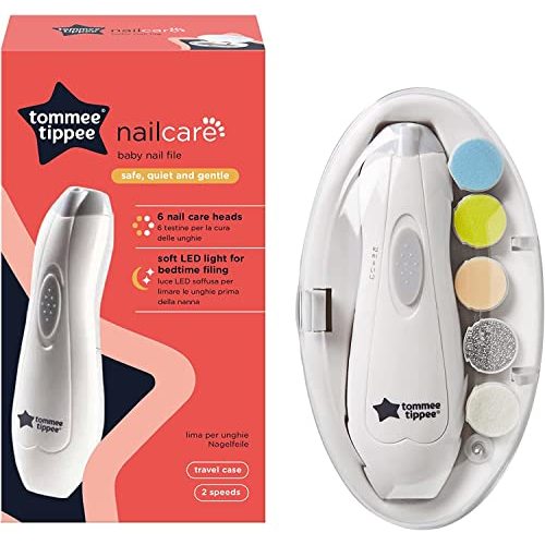Tommee Tippee Electric Baby Nail File, with Six Filing Heads for Baby and Adult Use, Battery-Powered Infant Nail Clipper with LED Light and Adjustable Speed and Direction Settings