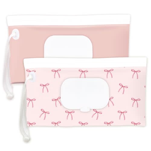 Wipe Dispenser and Wipes Container, 2 Pack Reusable Wipes Holder and Travel Wipes Case, Refillable Pouch for Baby Essentials, blush& bow Design (Blush)