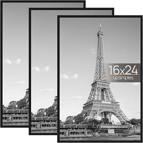 upsimples 16x24 Picture Frame Black 3 Pack, Scratch-Proof Poster Frames 16 x 24 for Photo Gallery - Slide-In Strips, Horizontal or Vertical Wall Mounting