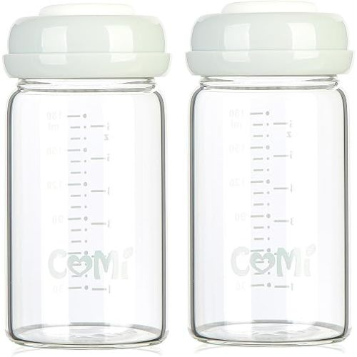 COMI Wide Neck Glass Breastmilk Collection n Storage Bottle, 6oz with Screw Ring Sealing Disk; Re-markable Sealing Disc. BPA Free, Fits Breast Pumps & Nipples (2 Pack Gray Lids)