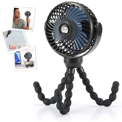 Snawowo Upgraded 4000mAh Baby Stroller Fan, 360°Rotation Mini Portable Fan with Flexible Tripod Clip On Stroller Treadmill Bike Crib Car Seat, USB or Battery Powered Handheld Personal Fan (Black)