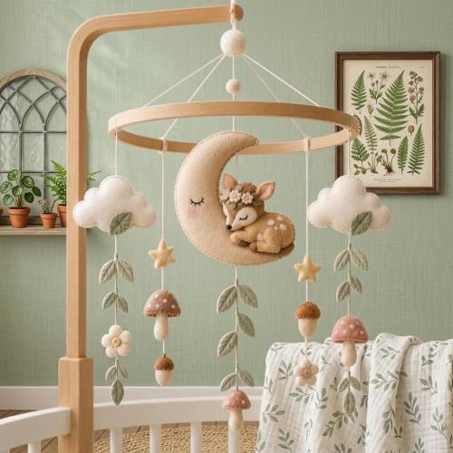 Woodland Deer Baby Mobile, Felt Crib Mobile, Moon Nursery Decor, Fawn Baby Mobile, Handmade Baby Shower Gift, Felt Baby Mobile