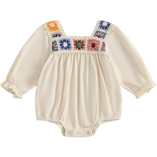 Baby Girl Romper Fall Clothes Ruffle Sleeveless Onesie Crochet Floral Bubble Romper Infant Bodysuit Boho Outfit