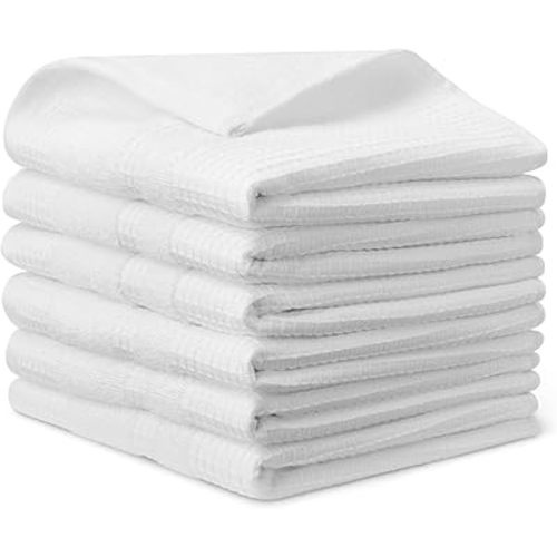 Amazon Basics Organic Cotton Waffle Kitchen Dish Towels - Ultra Absorbent, Quick Drying, Lint-Free, 15 x 25 inches, 6-Pack, White