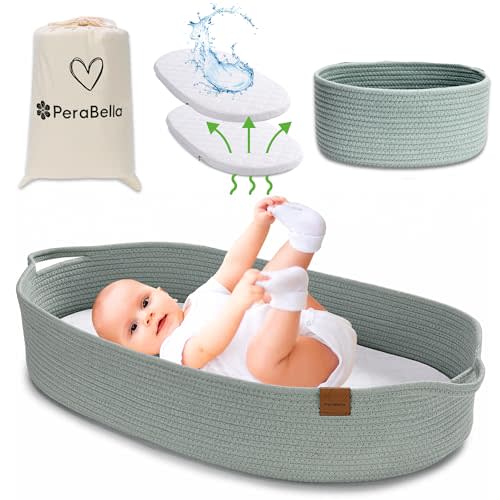 Baby Changing Basket for Baby Dresser, Moses Basket for Babies, Cotton Rope Diaper Changing Basket, Unisex Baby Moses Basket, Foam Diaper Changing Pad for Dresser, Changing Table Topper for Dresser