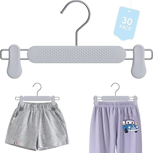 Kids Toddler Pants Hangers with Clips 30 Pack, Plastic Frosted Embossing Adjustable Heavy Duty Skirt Hangers for Women, Baby, Children Teens (Grey)