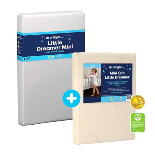 Moonlight Slumber Little Dreamer Mini Crib Mattress and Waterproof Machine Washable Crib Mattress Cover - 2-Stage Crib Mattress + Easy Slip-On Protector - 38"x 24"x 5"