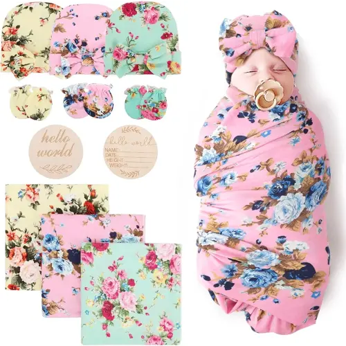 DRESHOW BQUBO Floral Swaddles for Baby Girl Newborn Receiving Blanket with Bow Hat Mittens Wooden Birth Announcement Card Set Baby Floral Print Swaddle Nursery Swaddle Wrap