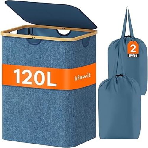 Lifewit 120L Laundry Basket with Lid, Clothes Hampers for Laundry with Bamboo Handles and 2 Removable Bag, Large Foldable Laundry Hamper for Bedroom, Bathroom, Dorm, Laundry Room, Dark Blue