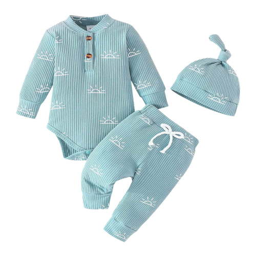 Baby Clothes 3-6 Month Boy Clothes Boys Girls Long Sleeve Cartoon Prints Romper Solid Colour Pants Hat Outfits Set For Kids Clothes