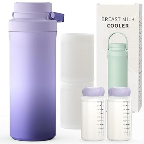 XAPROO 22oz Breast Milk Cooler Bottle, Portable Milk Cooler for Breastmilk with 360°Cooling for 24 Hours, Millk Chiller with 2pcs Baby Bottles, Breastmilk Storage Bags for Baby, BPA-Free (Purple)