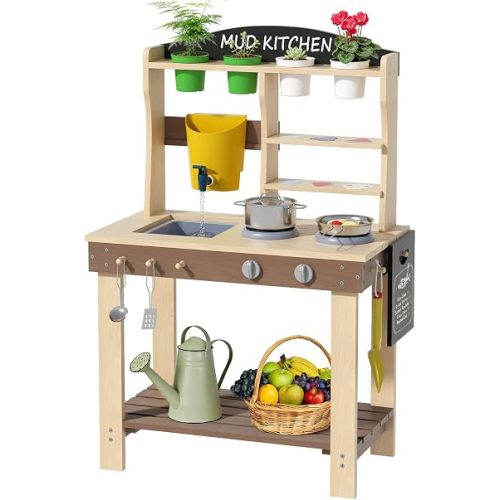 BIERUM Mud Kitchen for Kids Outdoor - Wooden Play Kitchen for Toddlers with Real Sink & Faucet，Pretend Kitchen Playset for Kids Ages 3+, Sensory Montessori Kitchen for Water, Cooking & Planting, Brown