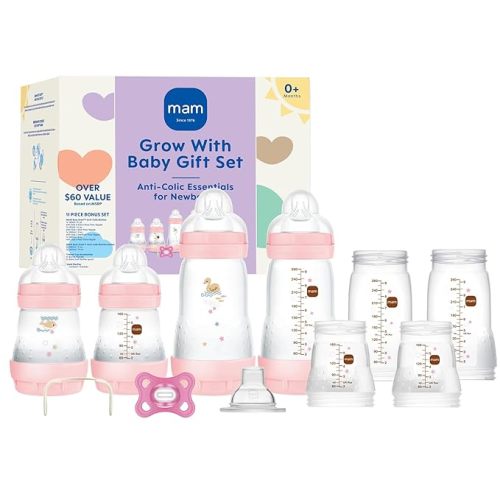 MAM Grow With Baby Anti-Colic Bottle Set – 4 Easy Start Bottles (5oz & 9oz) with Trainer Handles & Spout, Comfort Newborn Pacifier, Extra Bottle Bodies & Nipples | Self-Sterilizing Baby Feeding System