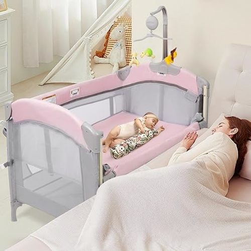 5-in-1 Pink Baby Bassinet Bedside Crib, Pack n Play Long Next to Parents Bed Crib, Foldable Playard, Playpen Travel Bed Nursery Center for Girl Infant Newborn