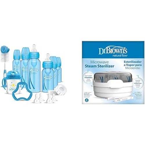Dr. Brown's Anti-Colic Baby Bottle Gift Set with 3 8oz & 3 4oz Bottles, Nipples, Cup, Teether, Brush & Microwave Steam Sterilizer