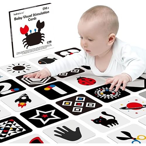 hahaland High Contrast Baby Flashcards - Black and White Infant Baby Cards 0-6 Months Tummy Time 0-3-6 Months Montessori Sensory Cards 20 PCs 6''×6'' Newborn Brain Visual Stimulation