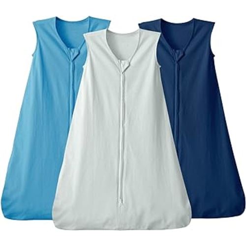 david's kids 3 Pack 100% Cotton Baby Sleep Sack 6-12 Months, Soft Baby Wearable Blankets with 2-Way Zipper, Comfy Sleeping Bags for Infant Newborn Boys Girls Neutral, Medium Size, Grey & Blue & Indigo